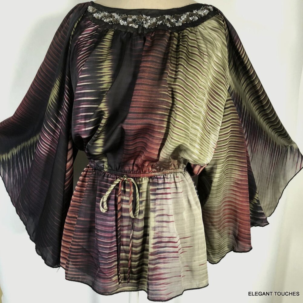 Vintage Va Va Voom Womens Kimono Sleeve Top S Green Multi Beaded Y2K Boho USA